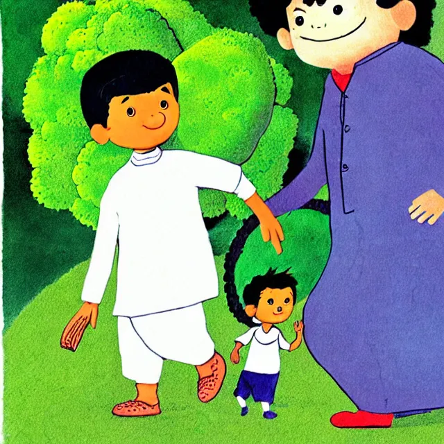 Prompt: professional kids book illustration of a Pakistani !!toddler!! boy walking with a friendly anthropomorphic broccoli, best on artstation,, astonishing, impressive, outstanding, cheerful, stunning, masterpiece by Maurice Sendak, Eric Carle, and Beatrix Potter.