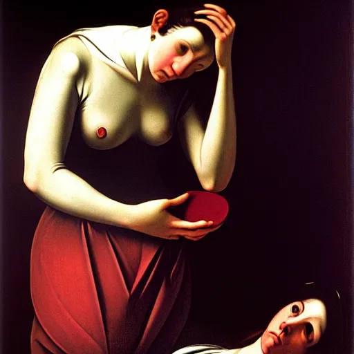 Image similar to woman on her periods by caravaggio