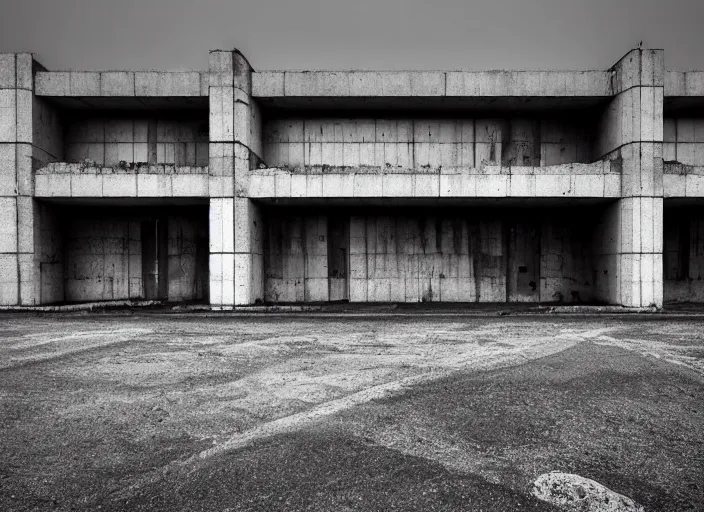 Image similar to high resolution black and white photography with a 3 5 mm f / 2 2 lens of brutalist architectural buildings in romania in the middle of nowhere in the 8 0's, there is fog and snow. fine art photography and very detailed and sad.