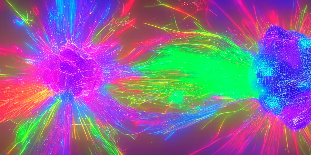 Prompt: particle simulation, magical, 3 d, bright colors, houdini simulation, redshift render