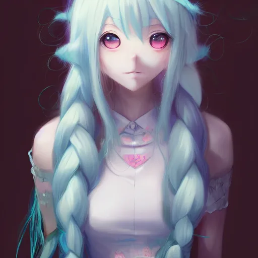 Prompt: anime portrait of a cat as an anime girl waifu, long white hair, twisted braid, watery eyes, by Stanley Artgerm Lau, WLOP, Rossdraws, James Jean, Andrei Riabovitchev, Marc Simonetti, and Sakimichan, trending on artstation