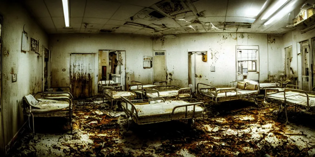 Prompt: insanely detailed wide angle photograph, atmospheric, overgrown hospital room, rusted surgical trays, dirty bed, horror, lights, neon, night