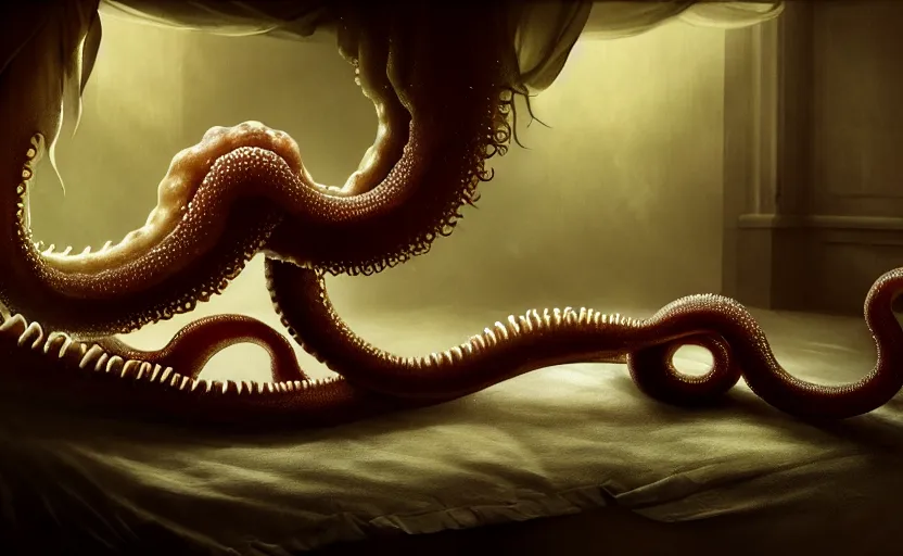 Image similar to matte oil painting of a lovecraftian tentacle creature crawling onto a bed inside a bedroom, extremely graphic, disturbing, cinematic, 4 k, 8 k