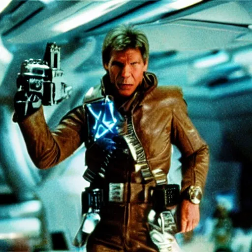 Image similar to movie still, 1 9 8 0 s, harrison ford as armored alien hunter, hyperdetailed, blue leds