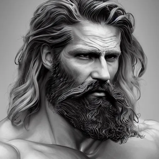 Image similar to painted portrait of rugged zeus, greek god, 4 0 years old, handsome, white hair, soft hair, upper body, muscular, hairy torso, fantasy, intricate, elegant, highly detailed, digital painting, artstation, concept art, smooth, sharp focus, illustration, art by greg rutkowski