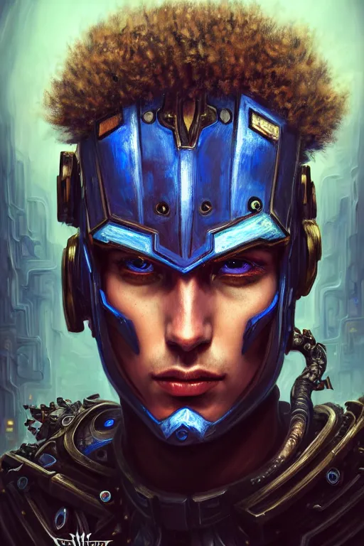 Prompt: portrait of beautiful young man, warhammer, cyber style, cyberpunk armor, a lot of more scars, more and more flowers, blue head, the middle ages, highly detailed, artstation, illustration, artgerm sylvari portrait, 8 k quality, art by gustav klimt