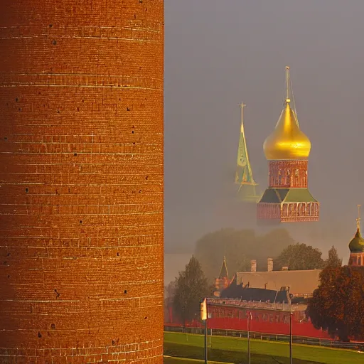 Image similar to Kremlin tower flying as rocket, foggy weather, film still, heavy grain