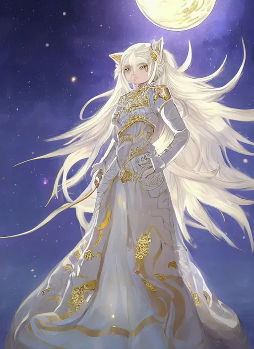 Image similar to commissioned full body portrait of a female anthro wolf princess fursona with white hair wearing a white and gold Japanese armored dress in a white and gold palace on a starry night with a large crescent moon, by a professional manga illustrator, Stanley Artgerm Lau, WLOP, Rossdraws, James Jean, Andrei Riabovitchev, Marc Simonetti, and Sakimichan, trending on artstation