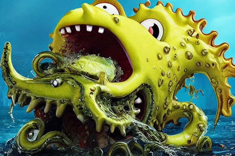 Prompt: Spongebob Cthulhu chimera with fangs eating a fish, photorealistic still from action movie