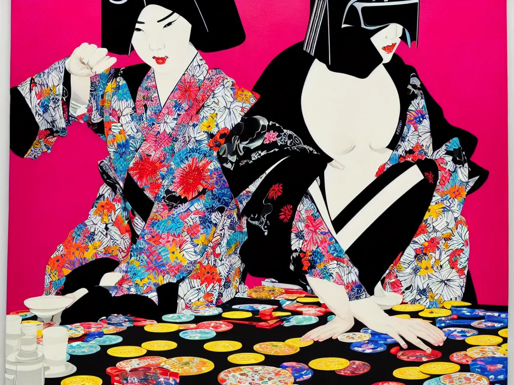 Image similar to hyperrealistic composition of the detailed woman in a japanese kimono sitting at a extremely detailed black jack table with hyperdetailed darth vader, fireworks, mountain fuji on the background, pop - art style, jacky tsai style, andy warhol style, acrylic on canvas