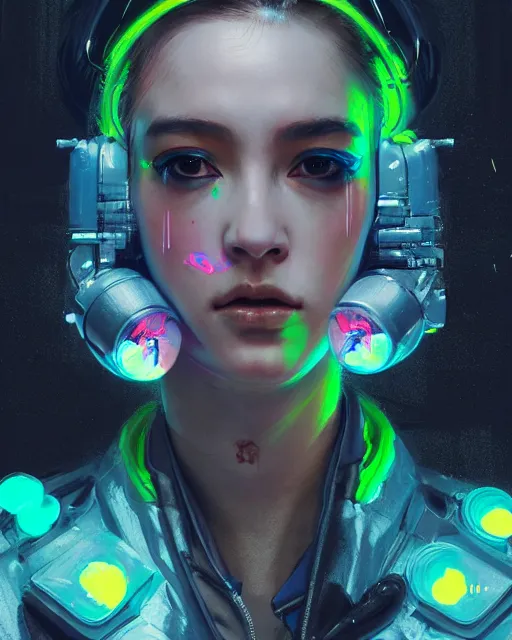 Image similar to detailed portrait queen neon operator girl, cyberpunk futuristic neon, reflective puffy coat, decorated with traditional japanese ornaments by ismail inceoglu dragan bibin hans thoma greg rutkowski alexandros pyromallis nekro rene maritte illustrated, perfect face, fine details, realistic shaded, fine - face, pretty face