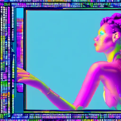 Prompt: a highly detailed and realistic concept art of model Gia in a vaporwave artwork composition, Windows98 logo, 8k, intricate, pastel colors