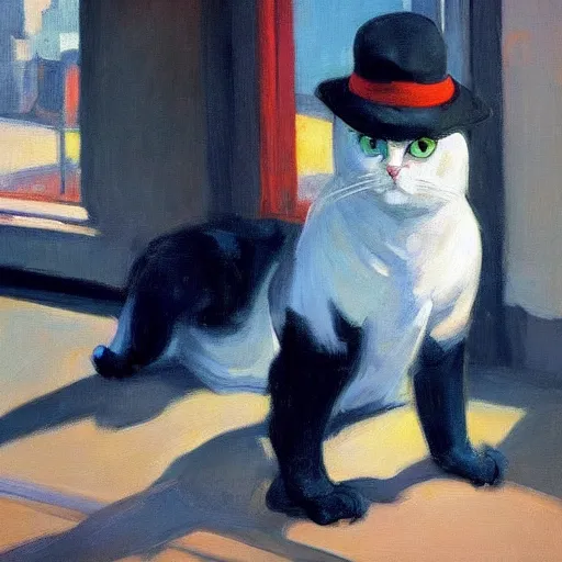 Image similar to a robotic cat wearing a hat, a highly detailed edward hopper painting, by adrian ghenie and gerhard richter. art by sorolla. masterpiece, flat surreal design with deep colours. 8 k. artstation