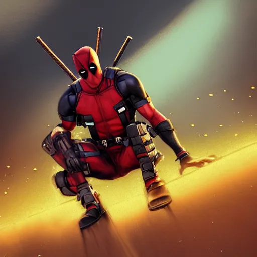 Image similar to epic deadpool art, highly detailed, centered, digital painting, golden hour, cinematic, award-winning, trending on artstation, trending in cgsociety, concept art, smooth, sharp focus, hdr, caustic lights, volumetric lighting, atmospheric lighting, illustration, cinematic, scan, ray traced, octane render, unreal engine, 4k, 3d, photorealistic