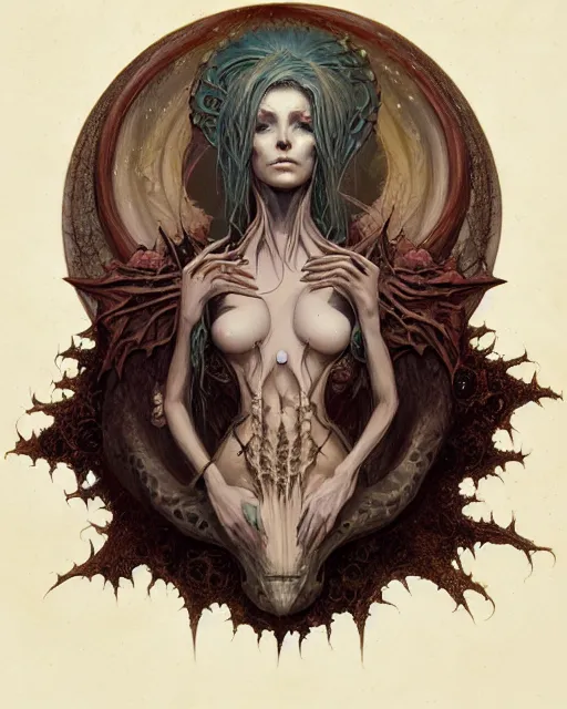 Image similar to perfectly centered portrait front view of a dead rotten beautiful female daemon growing ornamentation, ornate, detailed, symmetrical, elegant, beautifully soft lit, by wayne barlowe, peter mohrbacher, kelly mckernan