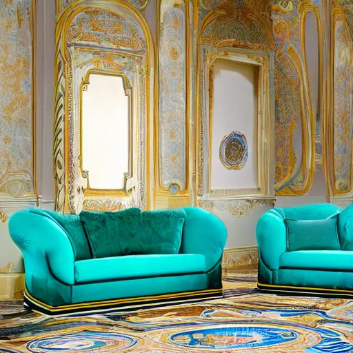 Prompt: a sofa designed by versace in the style of versace dylan turquoise, advertising photography