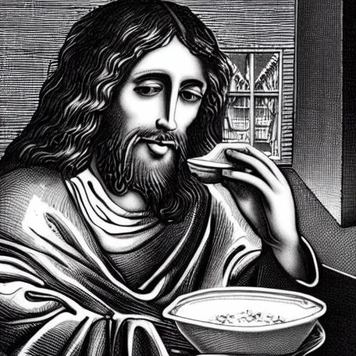 Prompt: jesus eating mcdonald ’ s on his lunch break highly detailed photo