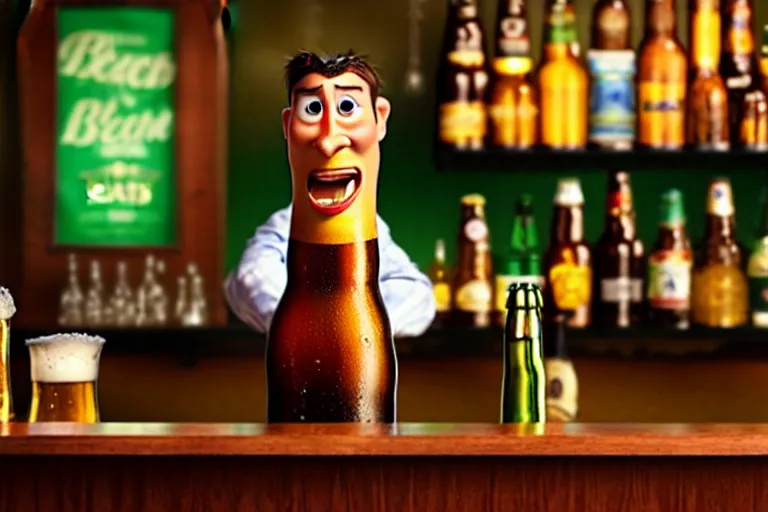 Image similar to a anthropomorphic bottle of beer standsin front of a bar yelling at the bar tender, pixar