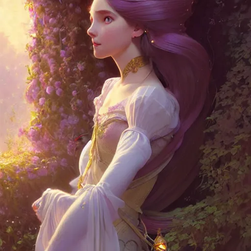 Image similar to Rapunzel, fantasy, intricate, elegant, highly detailed, digital painting, artstation, concept art, matte, sharp focus, illustration, art by Artgerm and Greg Rutkowski and Alphonse Mucha