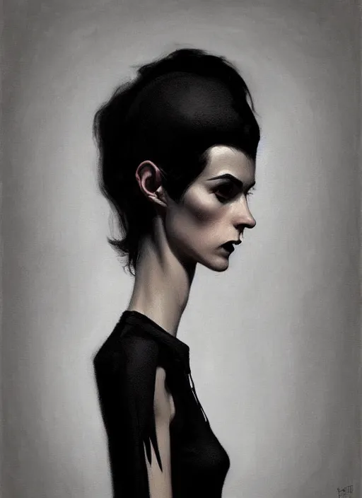 Prompt: portrait of a lanky woman with a crooked nose and a confident expression, 1 9 6 0 s, black clothes, goth, punk, funk, intricate, elegant, highly detailed, digital painting, artstation, concept art, smooth, sharp focus, illustration, art by wlop, mars ravelo and greg rutkowski