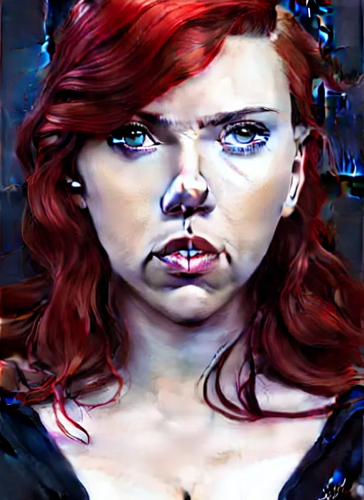 Image similar to phil noto, artgerm, pretty scarlett johansson black widow, symmetrical eyes, long red hair, full body, city rooftop