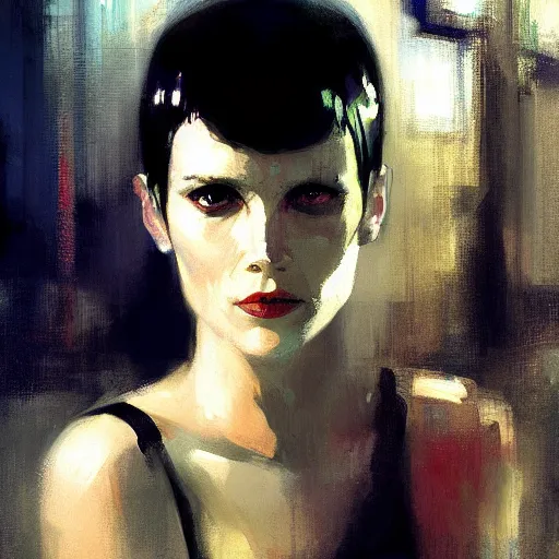 Image similar to portrait of rachael from bladerunner by jeremy mann and edward hopper