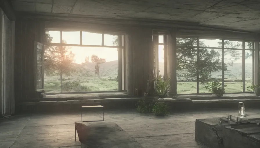 Prompt: Interior! in Unreal Engine 5 with Fantastic Landscape outside, High Quality Rendering, Octane, Redshift, Raytraced, 4k