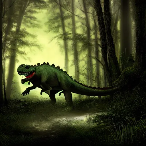 Prompt: A dinosaur sleeping in a thick forest ,it is raining, night time , peaceful atmosphere, moody lighting , digital art , highly detailed , high contrast, beautiful lighting, award winning , trending on art station, photorealistic, 8k