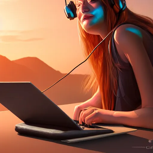 Image similar to photorealistic illustration of beautiful girl working on black laptop at old van on nature, long blonde hair, blue eyes, headphones, sunset at mountains, high detailed, octane render, Pasquale Scionti on Artstation