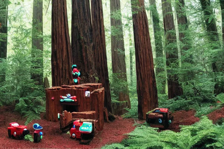 Image similar to fisher - price redwood forest, scene from a ridley scott movie