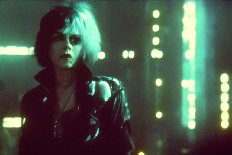 Image similar to a film portrait still of joan jett in blade runner, gritty cyberpunk atmosphere. realism, cinematic lighting, beautiful gothic fantasy photorealistic, 4 k. 8 mm. grainy. panavision.