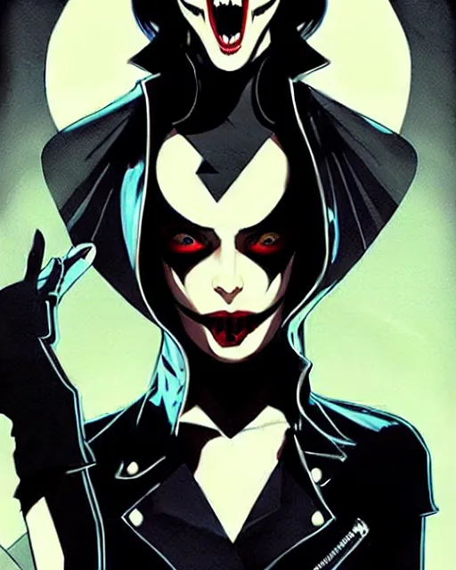 Image similar to rafael albuquerque comic art, peter mohrbacher, phil noto, steve niles, artgerm, pretty willa holland vampire sharp vampire teeth open mouth, symmetrical eyes, black leather jacket, jeans, long black hair