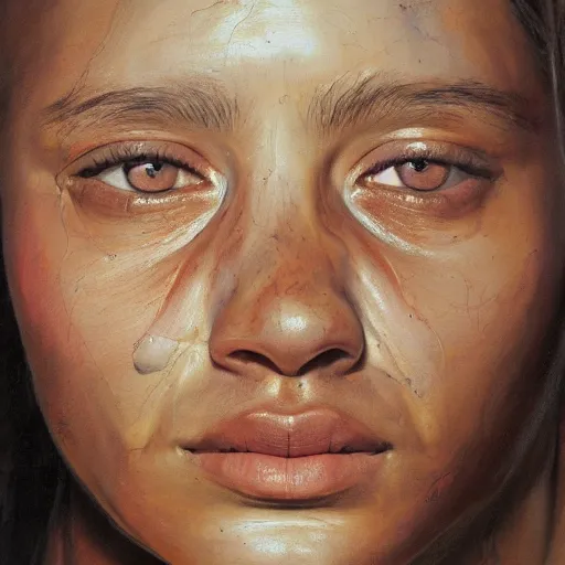 Image similar to high quality high detail painting by jenny saville, hd, a skinny beautiful indigenous woman tribe leader, photorealistic lighting