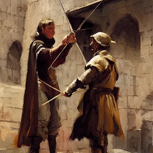 Image similar to portrait of man in medieval clothes aiming a bow by craig mullins, greg manchess, bernie fuchs, walter everett, lost edges