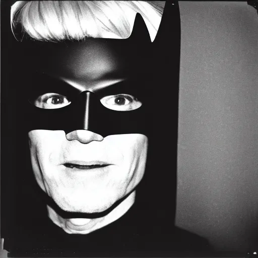 Image similar to Polaroid Portrait of Andy Warhol wearing a 1960s Batman Mask, taken in the 1970s, photo taken on a 1970s polaroid camera, grainy, real life, hyperrealistic, ultra realistic, realistic, highly detailed, epic, HD quality, 8k resolution, body and headshot, film still, front facing, front view, headshot and bodyshot, detailed face, very detailed face