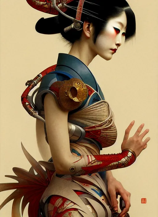 Image similar to Japanese cyborg geisha, diffuse lighting, fantasy, intricate, elegant, highly detailed, lifelike, photorealistic, digital painting, artstation, illustration, concept art, smooth, sharp focus, art by John Collier and Albert Aublet and Krenz Cushart and Artem Demura and Alphonse Mucha