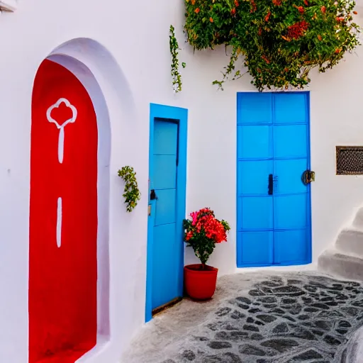 Prompt: photo of a brightly sun lit alley in santorini, with blue doors and shutters, and red flowers, 8 k