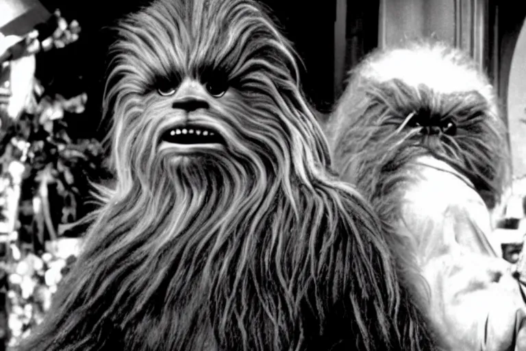 Image similar to A still from the black and white movie where Chewbacca starred alongside Charlie Chaplain