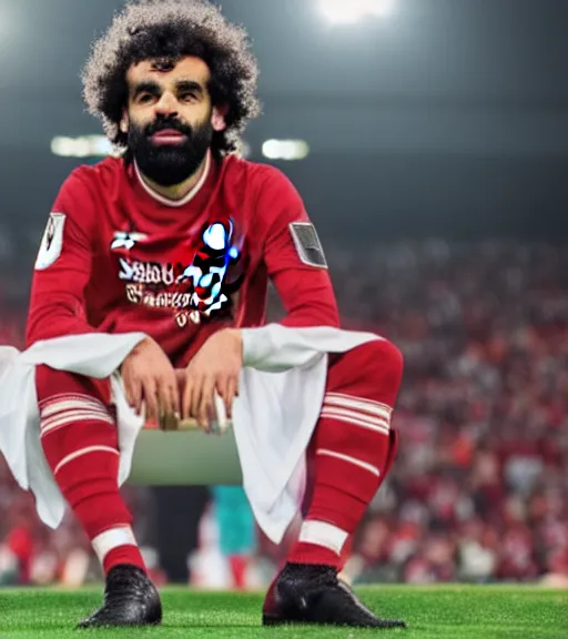 Image similar to A beautiful photo of Mo Salah the king sitting on his throne, award winning photography, sigma 85mm Lens F/1.4, perfect faces, cinematic shot, photorealistic, 8k