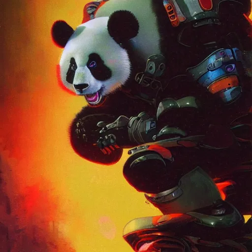 Prompt: a panda mecha, close - up portrait, reflective detailed textures, glowing colorful fog, dark background. highly detailed fantasy science fiction painting by moebius, norman rockwell, frank frazetta, and syd mead. rich colors, high contrast. trending on artstation