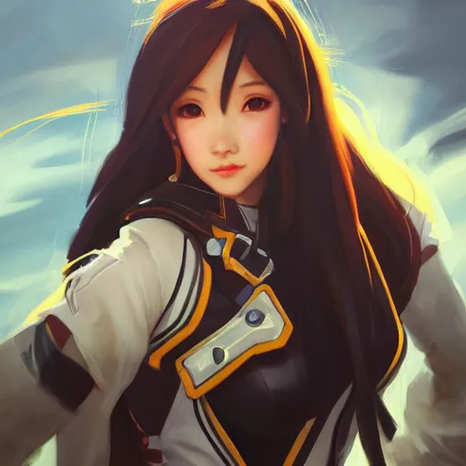 Image similar to greg manchess portrait painting of asuna yuuki as overwatch character, medium shot, asymmetrical, profile picture, organic painting, sunny day, matte painting, bold shapes, hard edges, street art, trending on artstation, by huang guangjian and gil elvgren and sachin teng