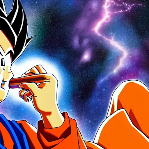 Image similar to goku drinking beer in space