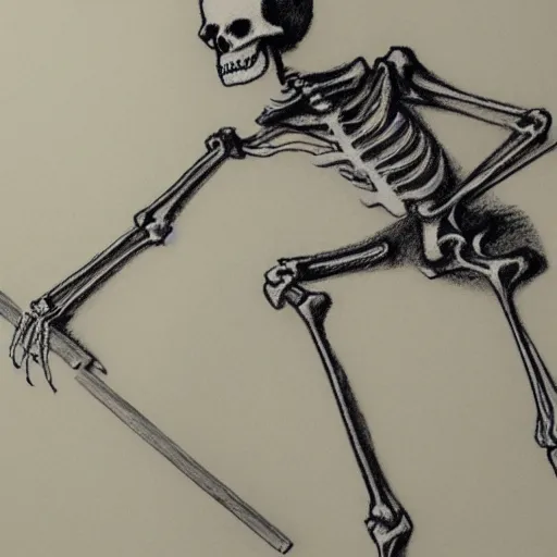 Image similar to pencil sketch of a skeleton sprinting with a cane