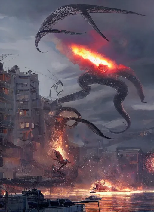 Image similar to hyper realistic squid robot attacking cape town city harbor explosions beautiful details, strong composition painted by kim jung giu weta studio rutkowski, james gurney and greg rutkowski, and lucasfilm