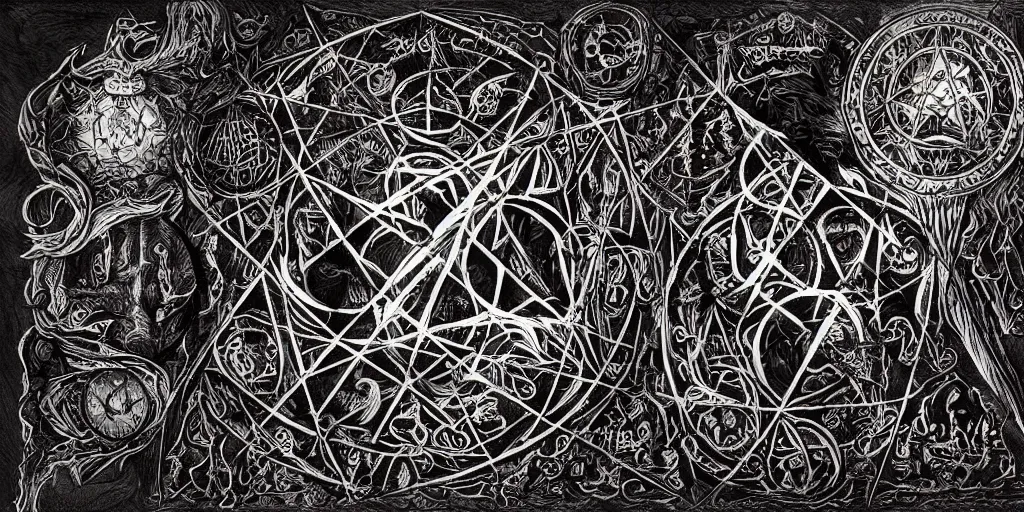 Image similar to There are nightmares rising from the shadows and they hunger for our dying hope, The Books of Sorrow, grimoire, forbidden knowledge, malice, conjuring runes, arcane, arcana, spell book, sacred geometry, ink illustration, black ink, white paper, sketching, detailed line work, infographics, technical manual, technical blueprints, intricate and ornate, highly detailed, gothic, creepy, epic, engraved, 8k