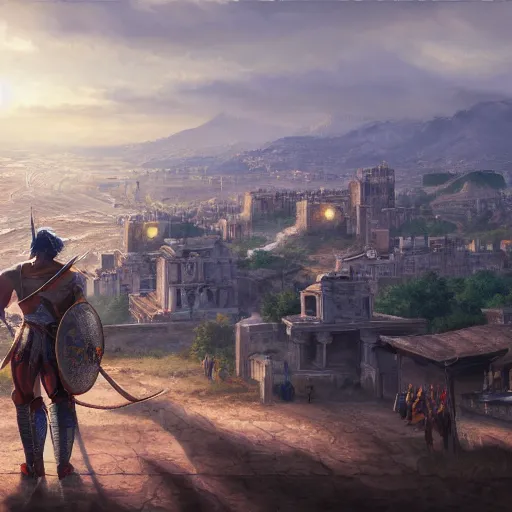 Image similar to a painting of achilles, a city in the background, ultra detailed, high fantasy, 4 k, trending on artstation, cinematic, concept design