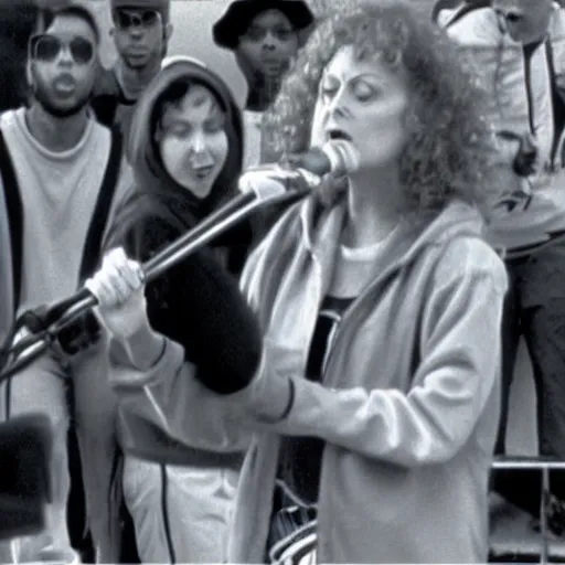 Image similar to 1 9 9 0 s video still of susan sarandon, wearing a hip hop hoodie, rapping on stage at a small outdoor concert, vhs artifacts