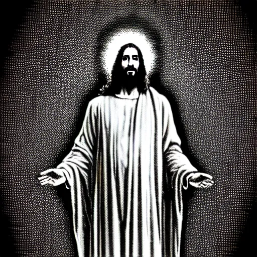 Image similar to vhs static overlay of jesus apparition, vhs, 1 9 9 0, highly realistic, highly detailed, vhs noise static, black and white, vhs glitch