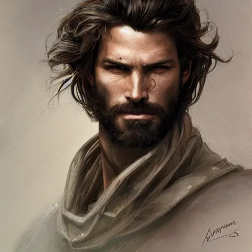 Image similar to portrait of a ruggedly handsome paladin, soft hair, muscular, half body, leather, hairy, d & d, fantasy, intricate, elegant, highly detailed, digital painting, artstation, concept art, smooth, sharp focus, illustration, art by artgerm and greg rutkowski and alphonse mucha