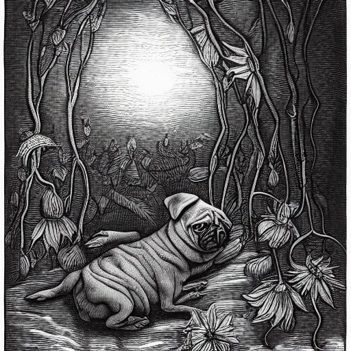 Prompt: adorable pug sleeping on a sunflower in a pond in a dark forest, detailed illustration in dotted, black and white, in the style of gustave dore's dante's inferno.